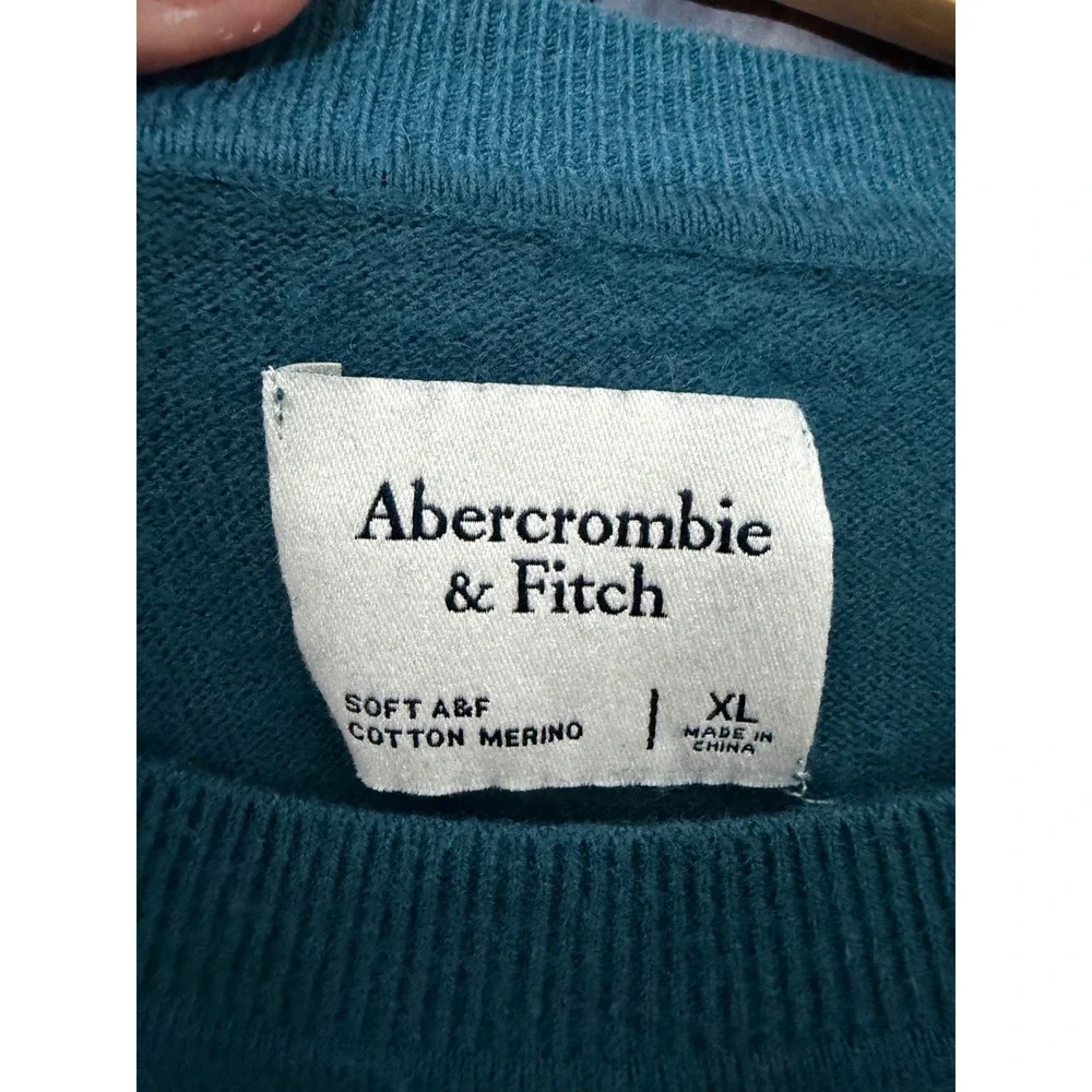 Abercrombie & Fitch Mens XL Teal Blue Cotton Merino Wool Crewneck Moose Sweater